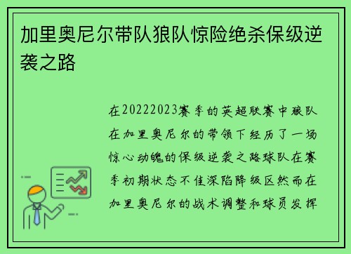 加里奥尼尔带队狼队惊险绝杀保级逆袭之路