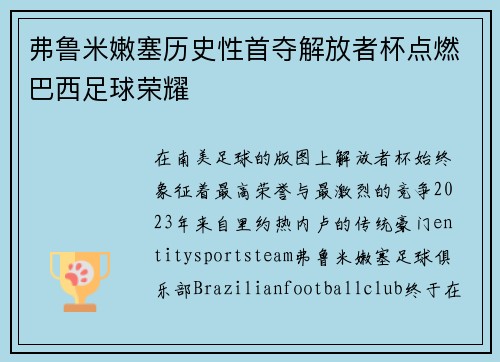 弗鲁米嫩塞历史性首夺解放者杯点燃巴西足球荣耀