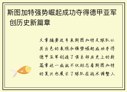 斯图加特强势崛起成功夺得德甲亚军 创历史新篇章 斯图加特强势崛起成功夺得德甲亚军 创历史新篇章
